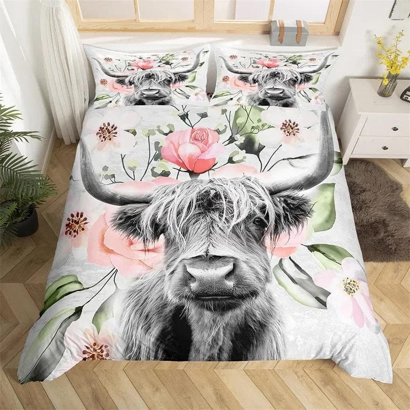 Highland Cow Duvet Cover King Queen Western Farm Animal Comforter Cover Microfiber Bull Cattle Floral Bedding Set For Kids Teen 70x133cm 2pcs