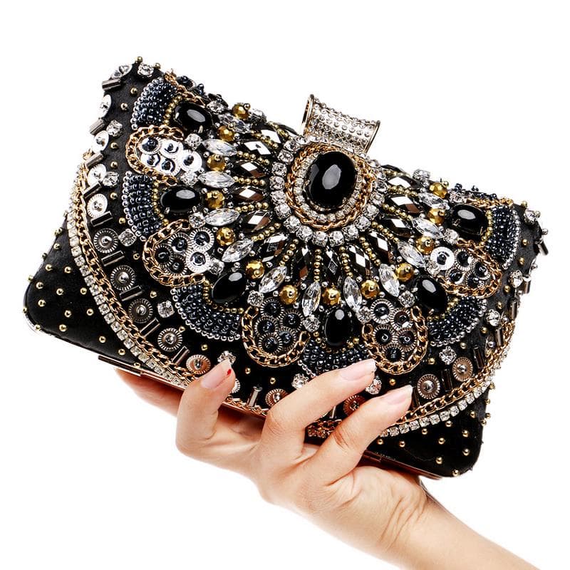 Beaded Clutch Purse Evening Bags Wedding Party Handbag Metal Chain Shoulder Bags black