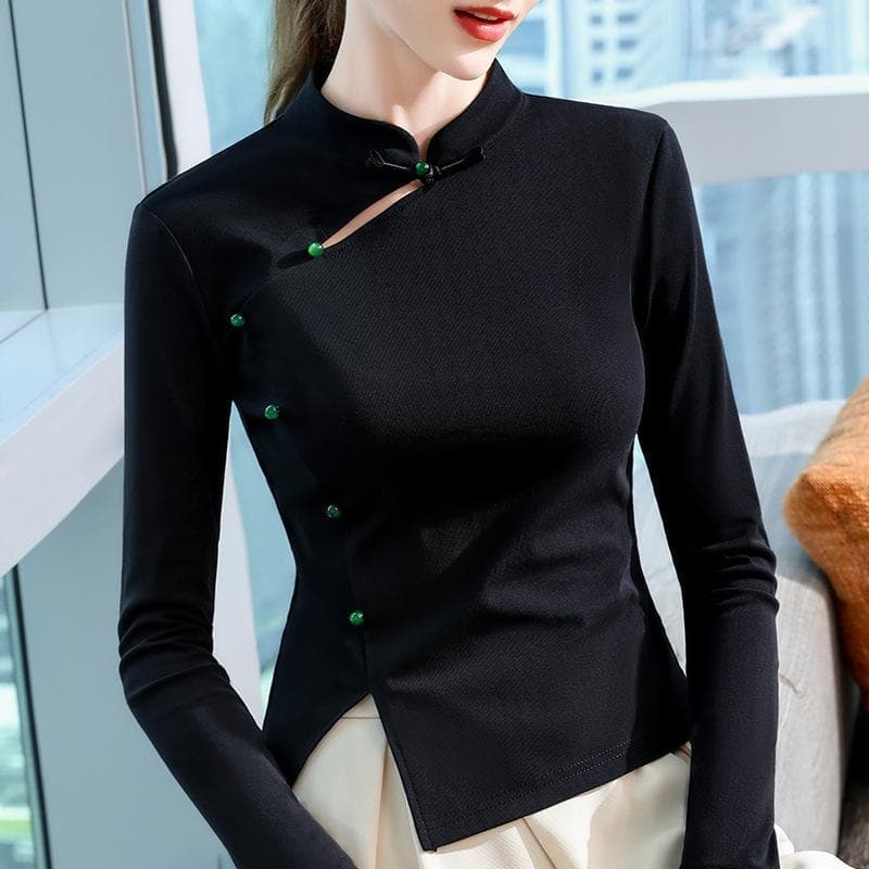 Irregular Design Top Button-up New Chinese Style Women's Clothing New White Stand-up Collar Bottoming Shirt S black