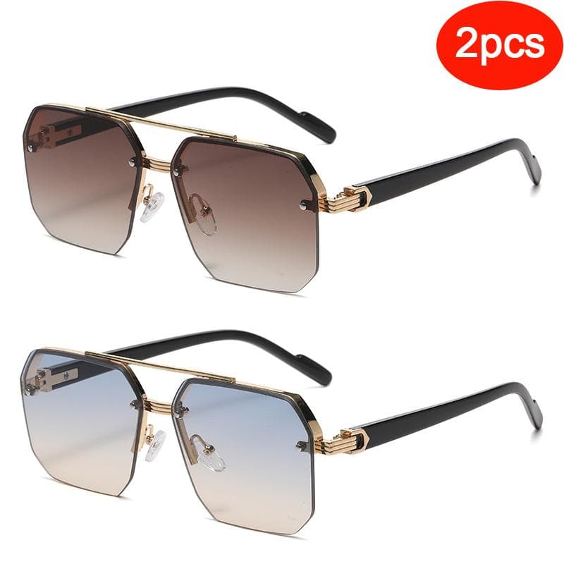 Men Metal Square Sunglasses 2pcs UV400 Protective Glasses Half Frame Gradient Lens Casual Rice Nails Eyewear