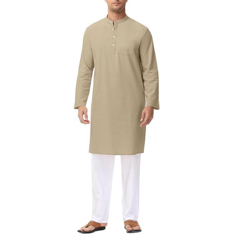 Men's National Costume Cotton Long-Sleeved Robe Henley Shirt with Side Slits and Buttons. M