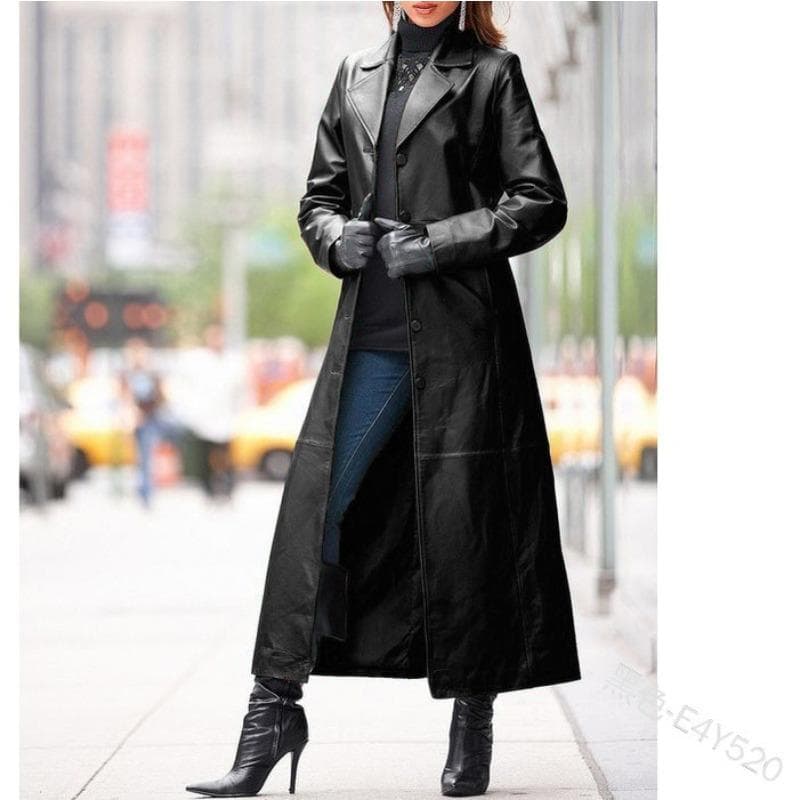 Women's Button Leather Jacket Long Coat Slim Skinny Large Size Leather Windbreaker 5XL