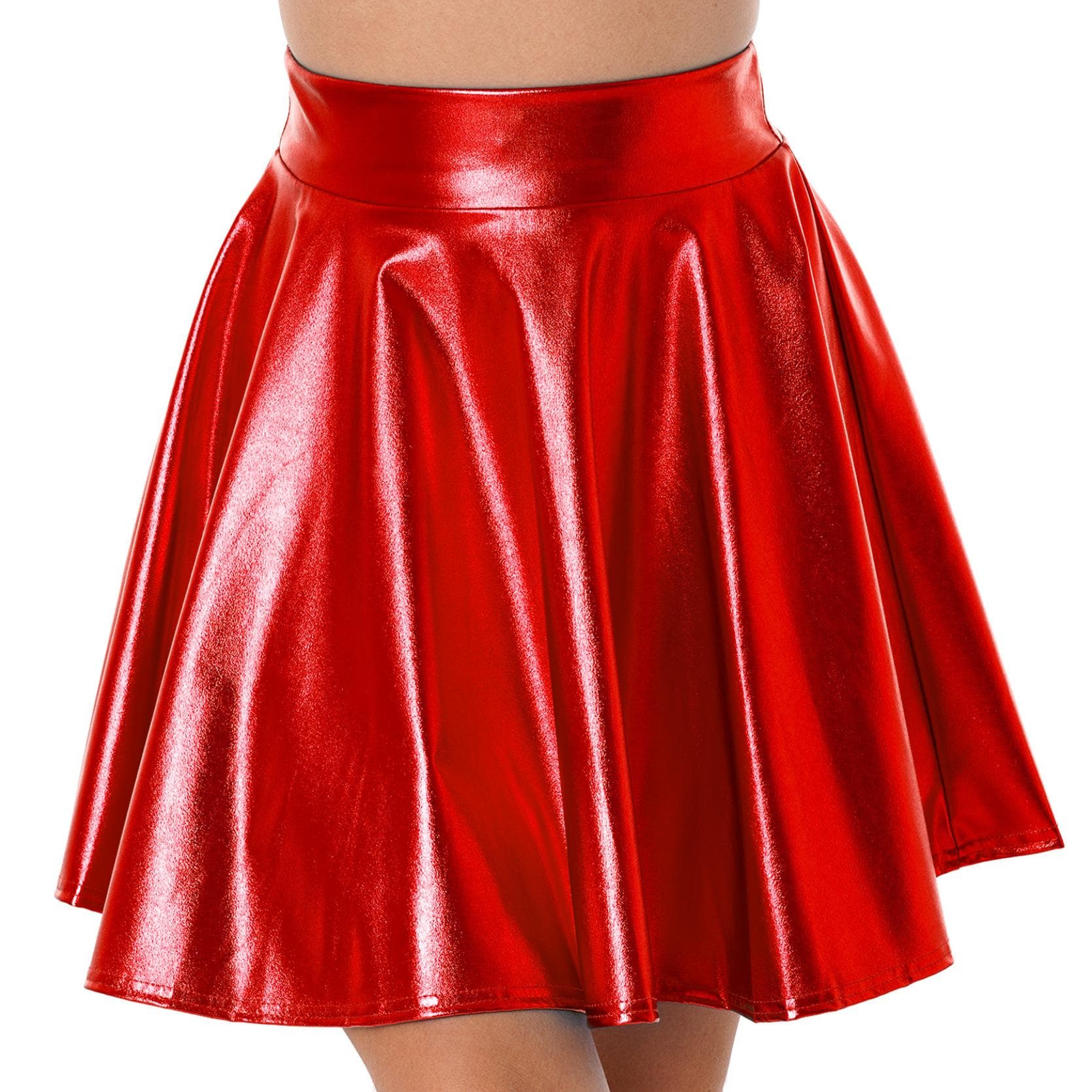 Womens Shiny Metallic Ruffle Glossy Mini Skirts Punk Party Clubwear Streetwear High Waist Flare Skirt Rave Cocktail Costume S