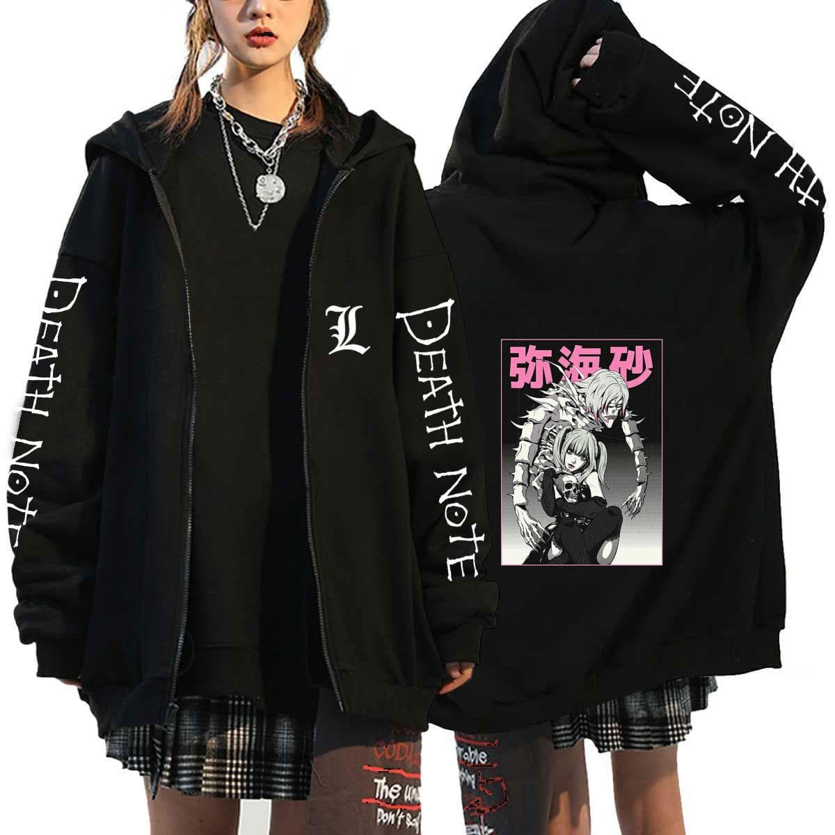 Death Note Harajuku Anime Zipper Coats Hoodies Mens Jackets Casual Loose Hooded Zip Up Manga L Lawliet Print Tops Sweatshirt Unisex Couple Streetwear S