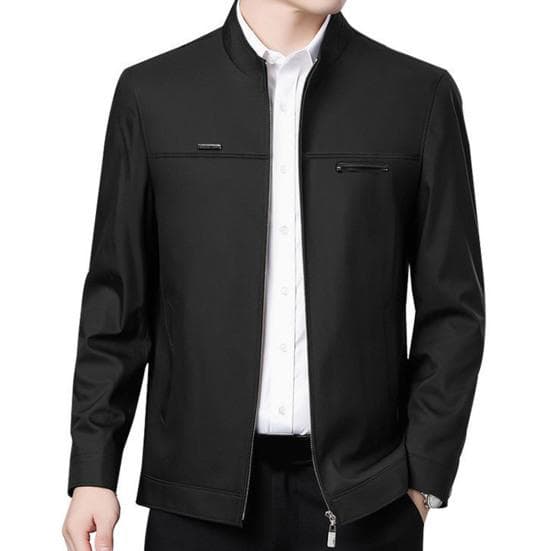 Men Spring Fall Coat Stand Collar Mid-aged Father Jacket Solid Color Long Sleeve Smooth Zipper Closure Warm Business Style Pockets Men Winter Jacket 2XL black