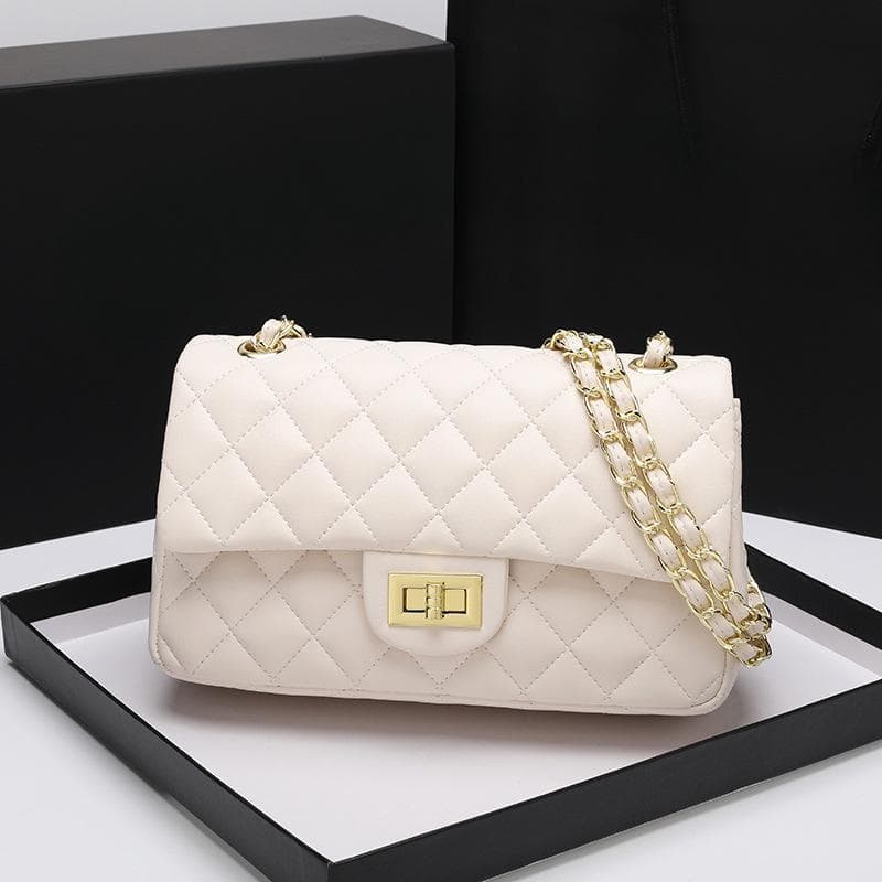 Small Fragrance Style Diamond Chain Bag High-end Women's Bag Versatile Leather One-shoulder Crossbody Bag white
