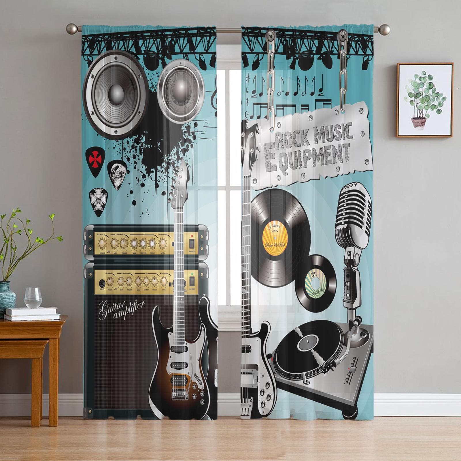 Rock Guitar Music Sheer Curtains for Living Room Voile Curtain Bedroom Bathroom Tulle Curtains Window Drapes 135W x 160H(cm)