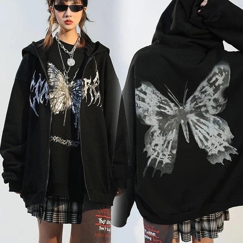 Hip Hop Street Hoodie Women Jacket Butterfly Print Gothic Jacket M black