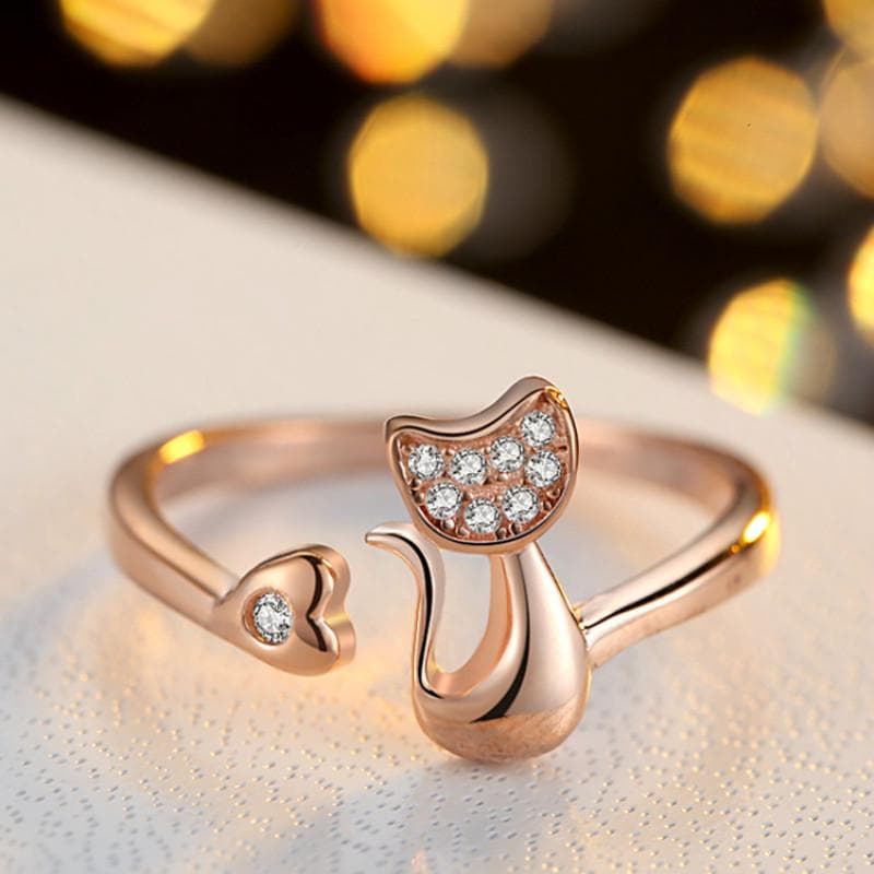 Cute Silver Color Cat Shape Adjustable Wedding Engagement Ring for Women Jewelry Gift gold