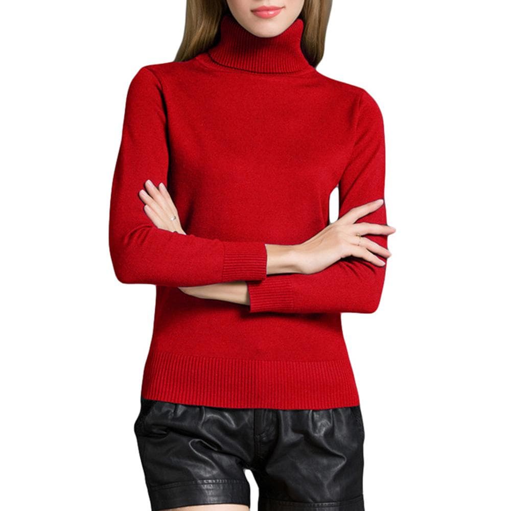 Fashion Winter Women Sweater Knitwear Turtle Neck Long Sleeves Ribbed Knitted Pullover Tops M red