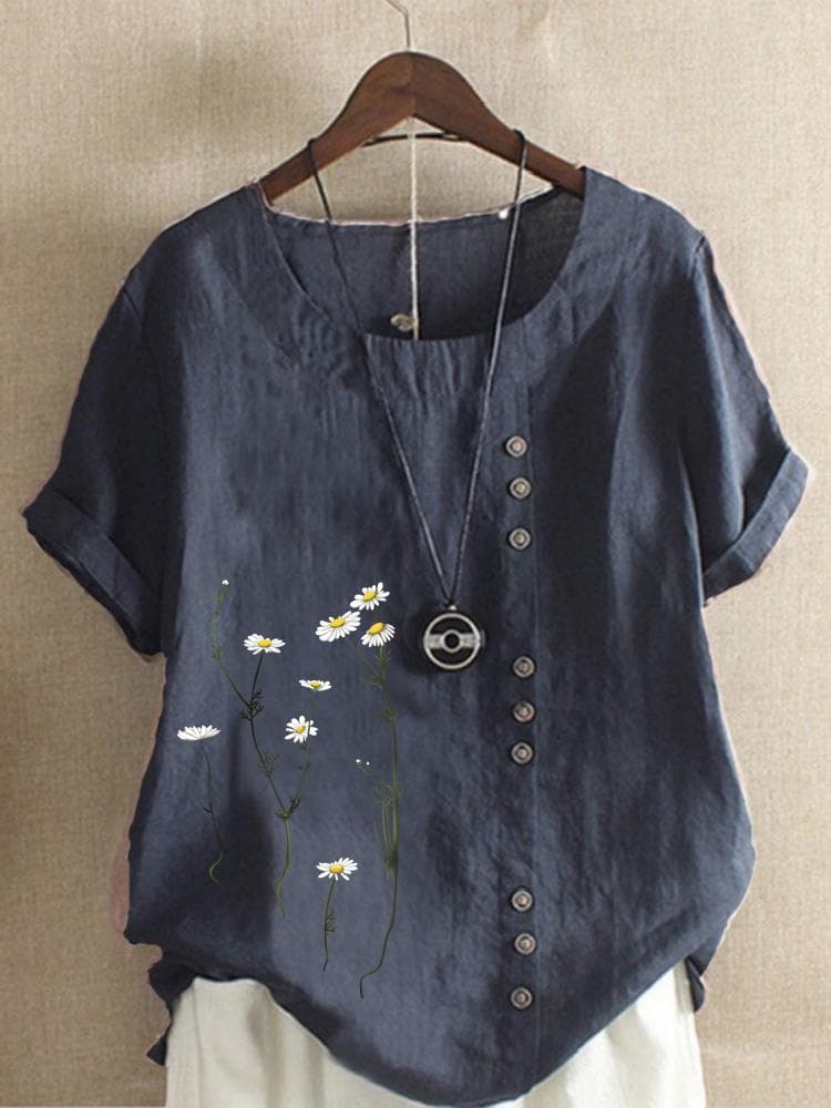 Cotton and Linen Printed T Shirt Tops Women's Summer Loose T Shirt Shirts L dark blue