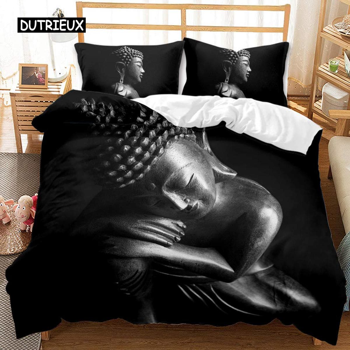 Buddha Duvet Cover Set King Size Golden Mandala Asian Culture Theme Bedding Set Microfiber Exotic Retro Style Comforter Cover EU single(135x200cm)
