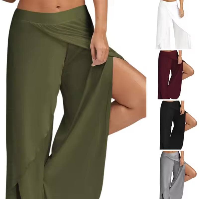 Elastic Waist Mid-Rise Fitness Trousers Solid Color Straight Yoga Pants Women Split Wide Leg Cropped Pants Female Clothing XXL dark green