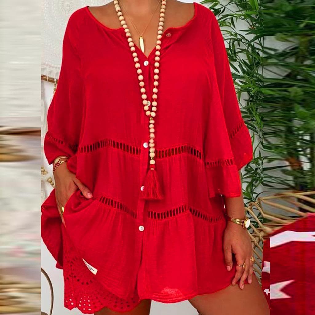 Women Flare Sleeve Cotton Shirt Oversized Hallow Out Loose Blouses Solid Color Yellow White Buttoned Ruffle Plus Size Tops XXL red