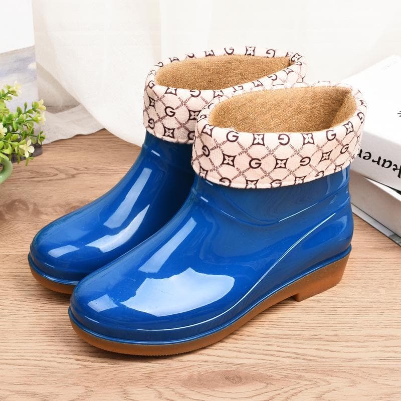 Women's Short Rain Boots with Cowhide Sole, Cotton Lined, Non-Slip, Warm and Protective. 37, with cotton cover blue