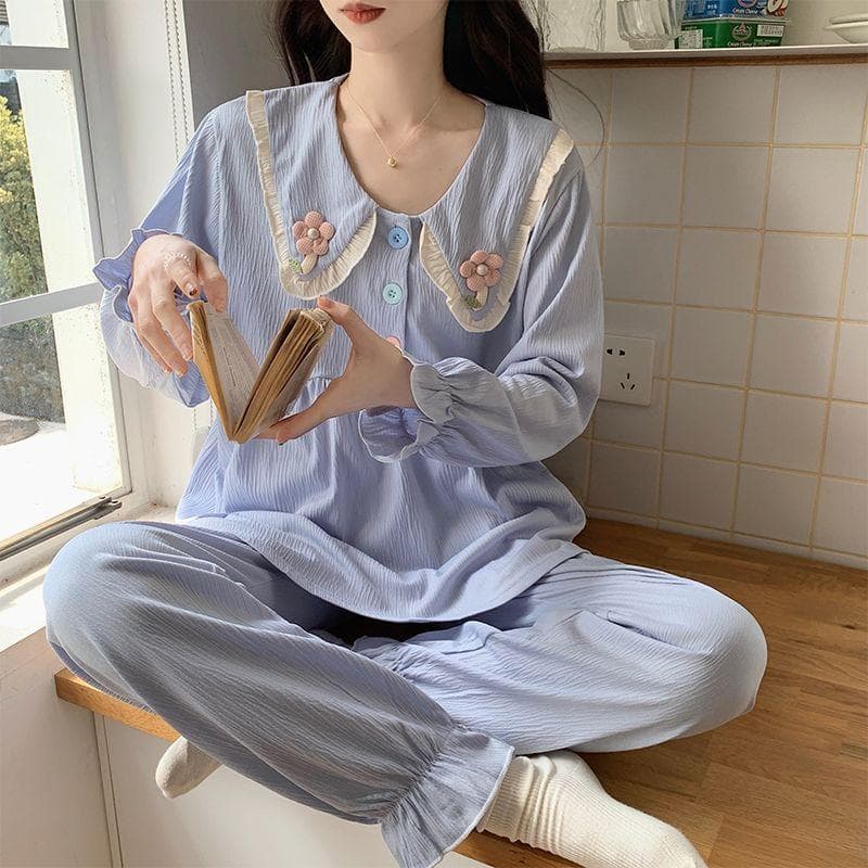 Women's Cotton Long-sleeve Trousers Pajamas Set Spring Autumn Loungewear New Girls Sweet Princess Outside Wear Home Service Suit 2XL