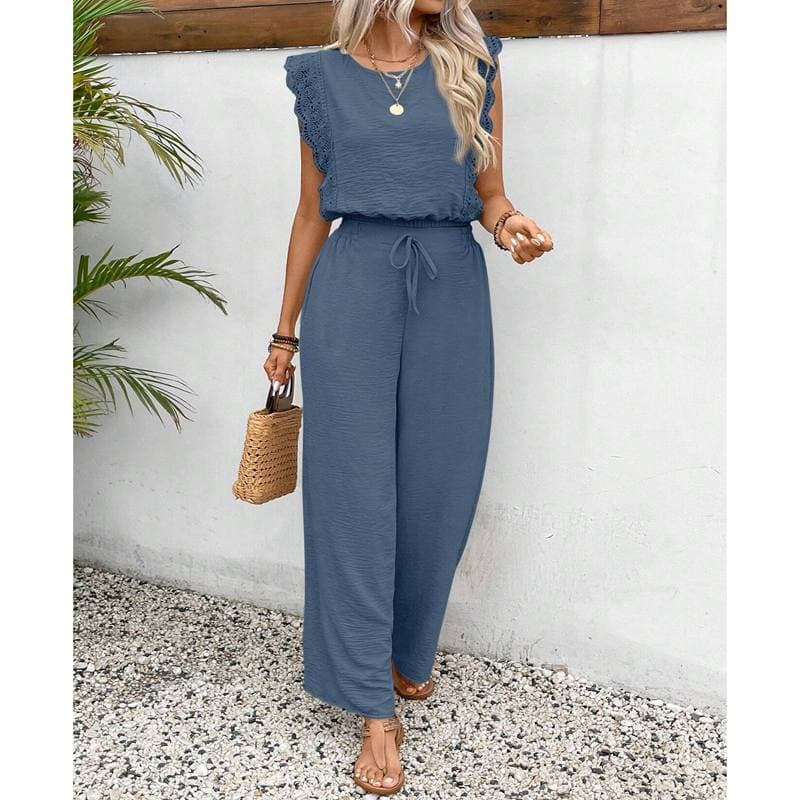 Summer New Women's Suit Sleeveless O-neck Top Elastic Waist Straight Pants Slim Slim Street 2-piece Set S