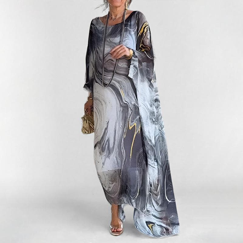 Women's Spring New Women's Clothing Temperament Elegant Fashion Printed Long Crew Neck Dress S gray