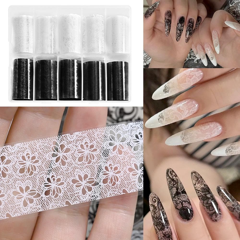 10 Rolls/Box Black & White Lace Nail Art Stickers, Nail Transfer Stickers, DIY Nail Decoration Accessories Nails Nail Supplies