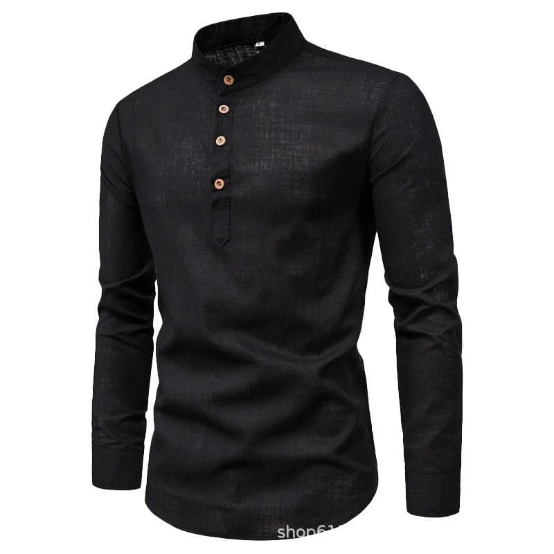 Men's solid color casual slim fitting standing collar long sleeved business shirt shirt XXXL black