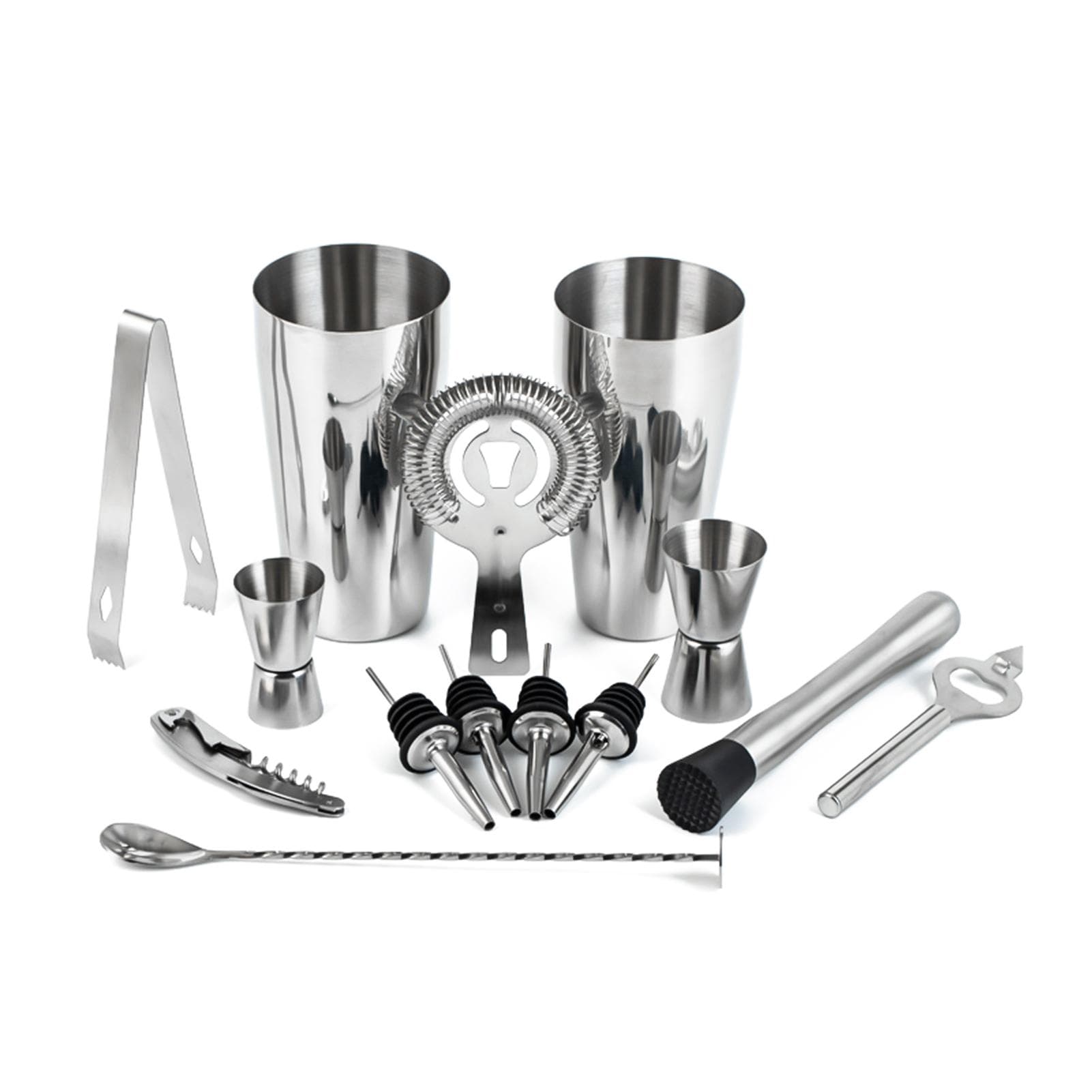 14pcs/set Mixology Bartender Kit Cocktail Shaker Set with Boston Shaker/ Jigger/ Pourers/ Ice silver