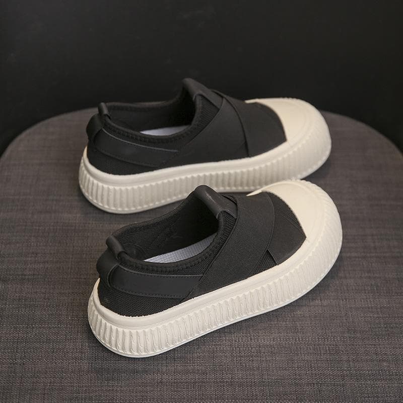 Thick Soled Round Toe Low Cut Canvas Slip on Shoes Mesh Surface Comfort Breathability Versatile Casual Board Shoes 39 black