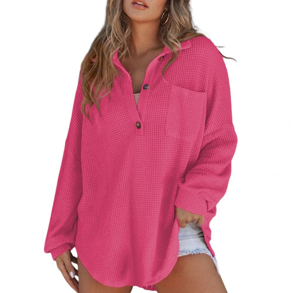 Women T-shirt Lapel Buttons Neckline Long Sleeve Tee Shirt Patch Pocket Waffle Texture Solid Color Loose Fit Pullover Tops S rose red