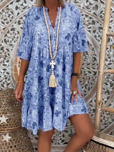 Plus Size Women's Fashion Loose Casual V neck long sleeve Floral print summer dress 4XL blue