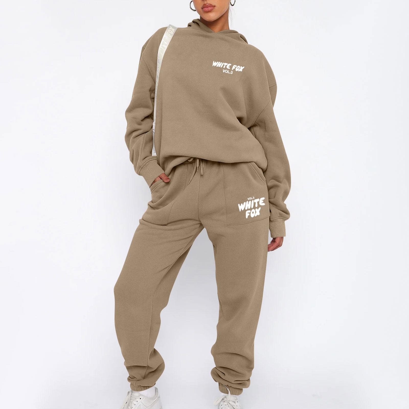 Women's Casual Two Piece Hooded Long Sleeve Long Pants Sports Sweatshirt Set S camel