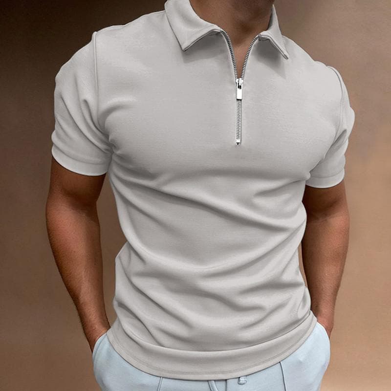 Men's Summer Short Sleeve T Shirts Solid Zipper Lapel Collar T Shirt Fashion Men Tees White Black Blue Plus Size Tops XXXL grey