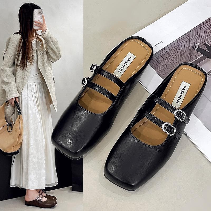 Baotou sandals women half slippers soft sole flat sandals big size women's shoes summer new wide feet fat 40 black