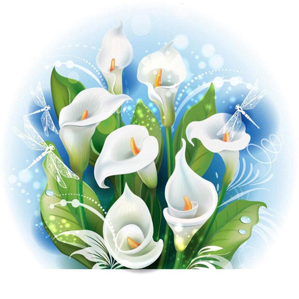 Round Diamond Painting White Flower Embroidery Cross Stitch Rhinestone Mosaic Home Decor 30x30CM