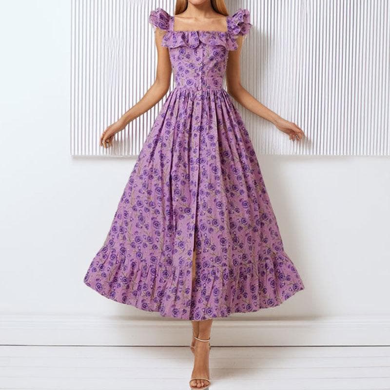 New Women's Fashionable French Square Collar and Floral Waist Dress 3XL purple