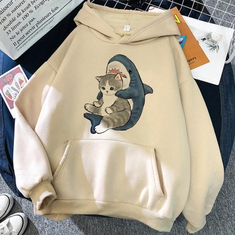 90s Y2k Cute Anime Funny Cartoon Cat Hoodie Women Harajuku Ullzang Kawaii Graphic Cat Sweatshirt Winter Warm Hoody Female L