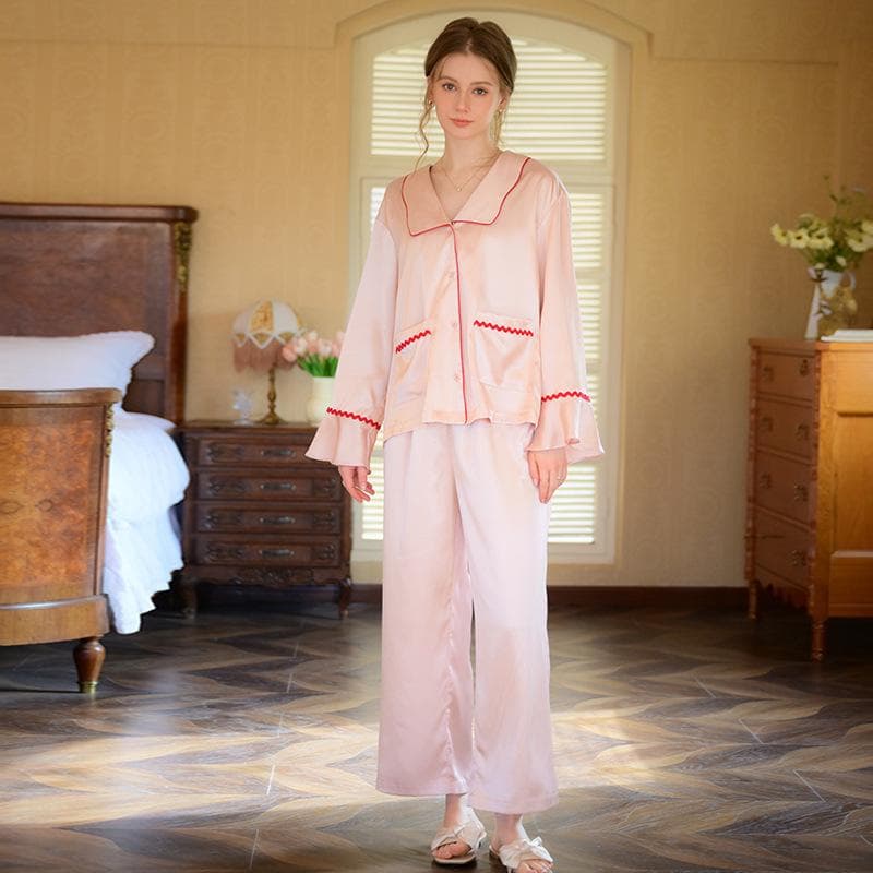 Ice Silk Pajamas Women's Long Sleeved Spring and Summer Thin Two-piece Set,loose and Luxurious French Retro Home Clothing Summer XL pink