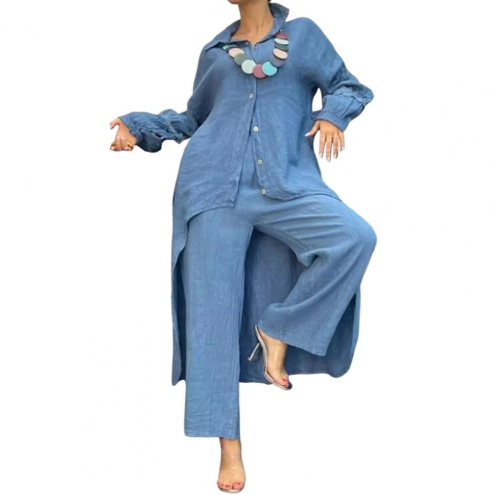 Lady Clothes Elegant Lace Cuff Shirt Trousers Set for Women Stylish Irregular Hem Blouse with Elastic Waist Pants Chic for Fall XXXL blue
