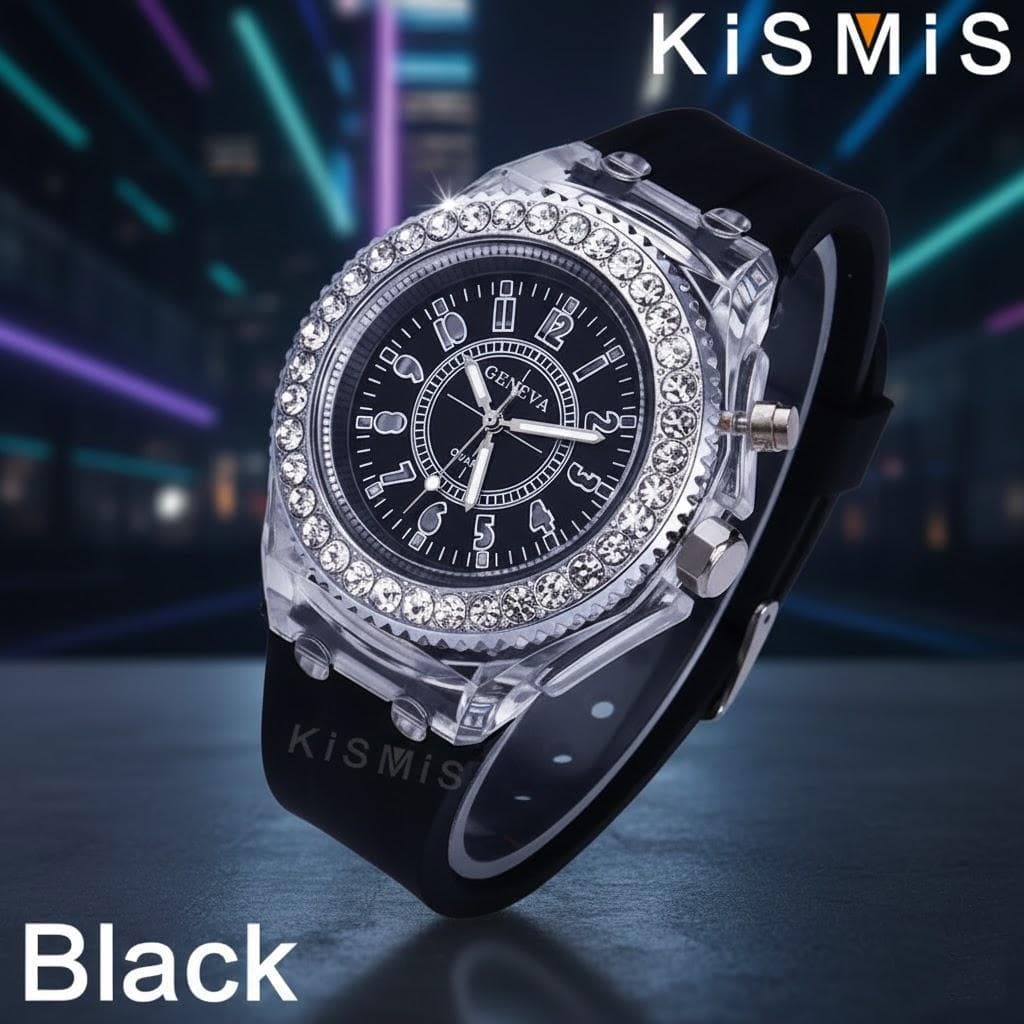 Trendy Luminous LED Quartz Watches for Men and Women Stylish Rhinestone Design Sports Watch for Couples Chic Practical Timepiece black