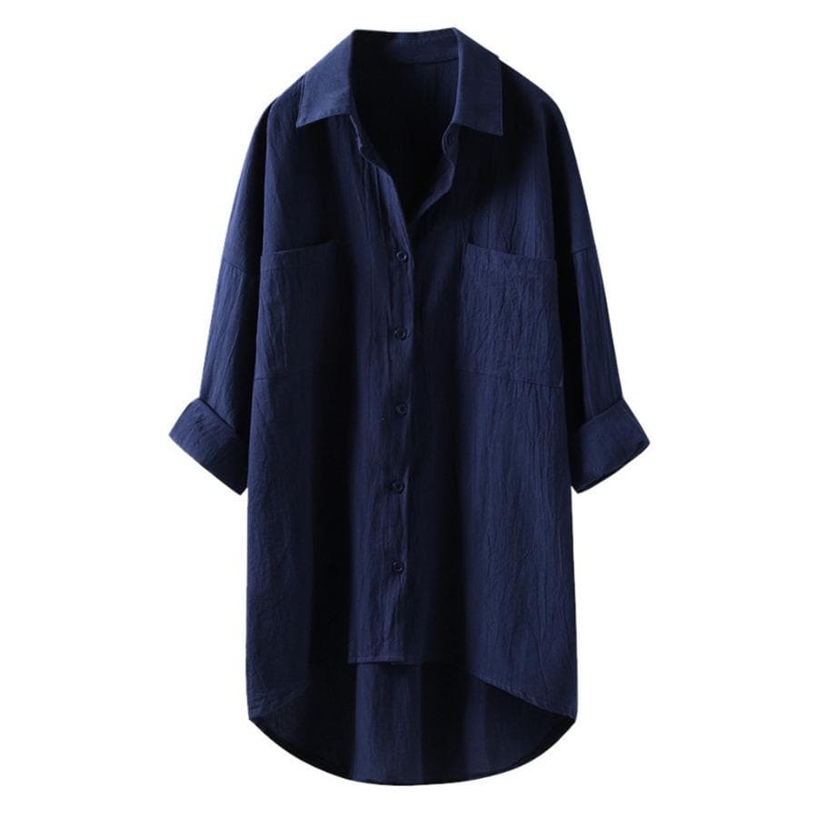 Spring Long Sleeve Plus Size Blouses Women's Cotton Blouse Shirt Ladies Lapel Loose Plus Size Top Vintage 2XL navy blue