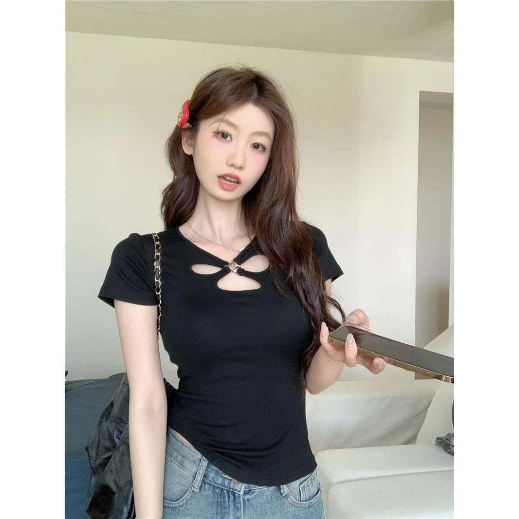 New Summer Design Short-sleeved T-shirt for Women and Sexy Hot Girls Pure Slim Base Top XL black