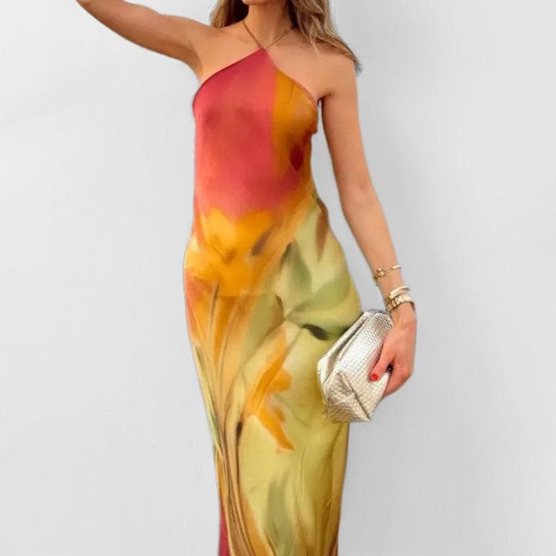 Spring Women's Fashion Elegant Retro Printed Halter Dress L