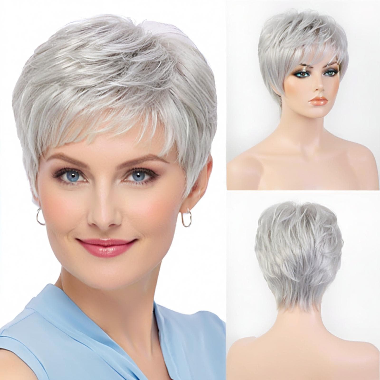 Elderly Women's Daily Wig, Silver Gray Short Pixie Cut with Wispy Bangs High-Temperature Fiber Synthetic Hairpiece silver