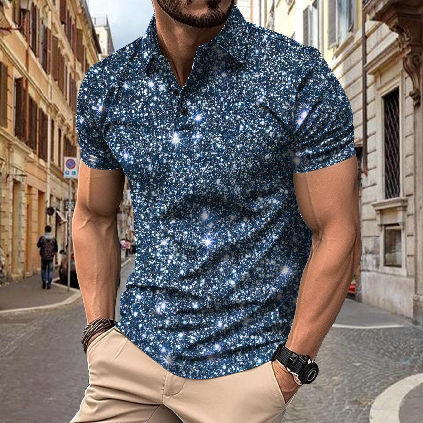 Men's Polo T-shirts Fashion Casual Short Sleeve 3D Sparkle Sequins Print Male Sports Shirt 3XL blue