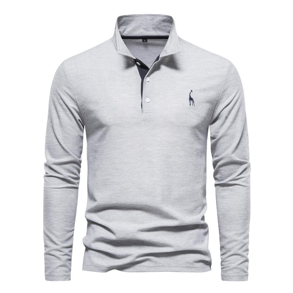 AIOPESON Giraffe Embroidery Men's Polo Shirts Solid Color Long Sleeve Polo Shirts for Men New Spring Social Business Polos Male M 70-80kg grey