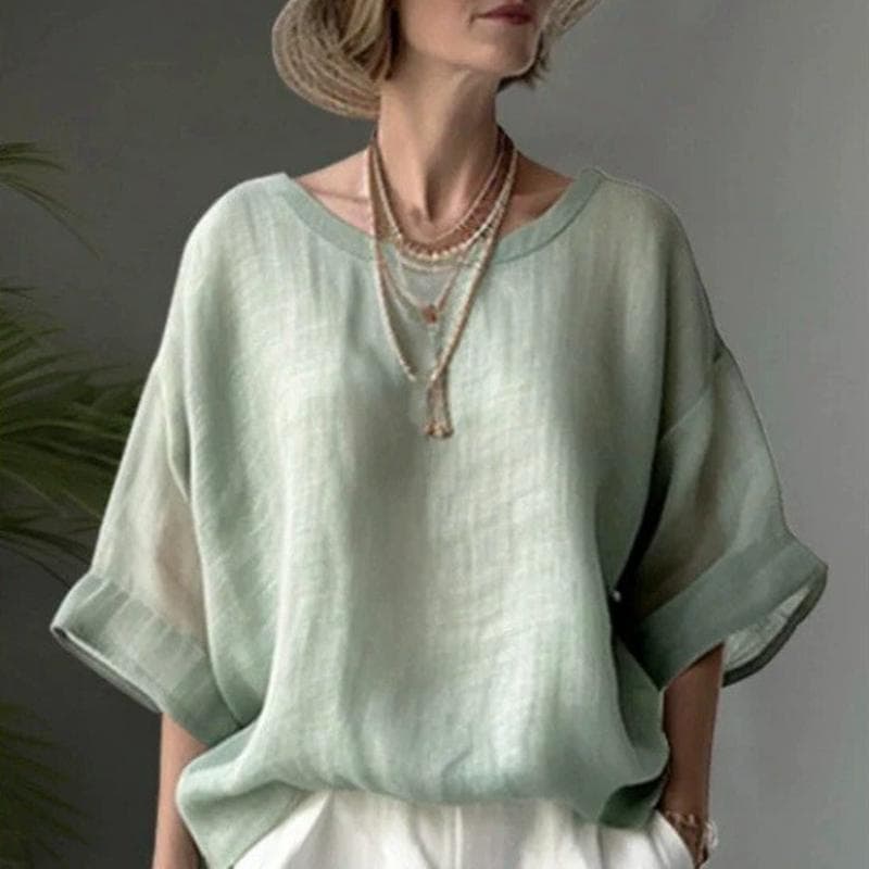 Summer Women's Short Sleeve Round Neck T-shirt Ladies Casual Linen Shirts Plus Size Blouse Tops M light green