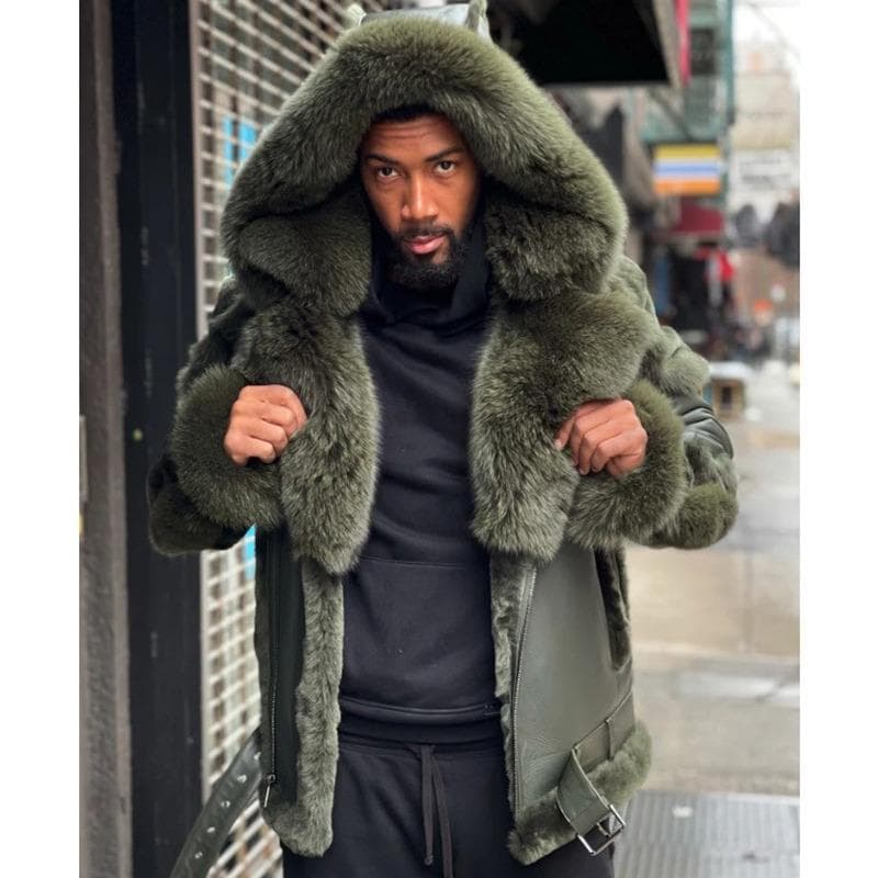Big Fur Collar Hooded Thickened Plush Men's Leather Jacket M green