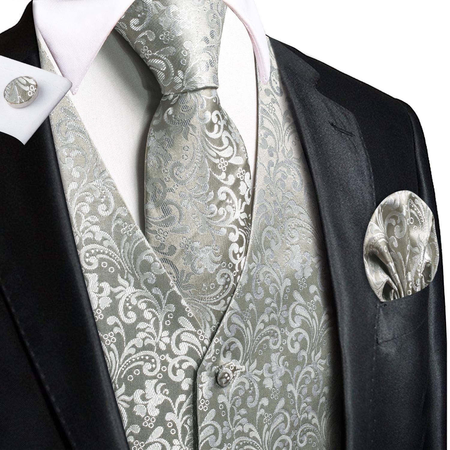 Hi-Tie Mens Waistcoat Silk Paisley Floral Tie Handkerchief Cufflinks SET Formal S