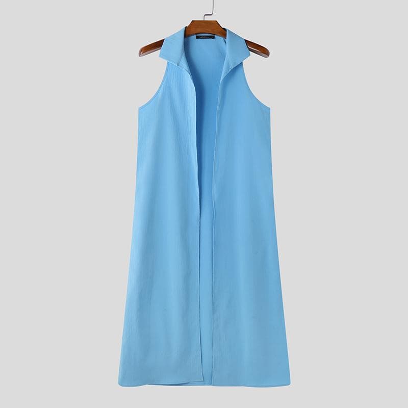 INCERUN Summer Men Sleeveless Open Front Casual Loose Long Tanks Cardigan 3XL blue