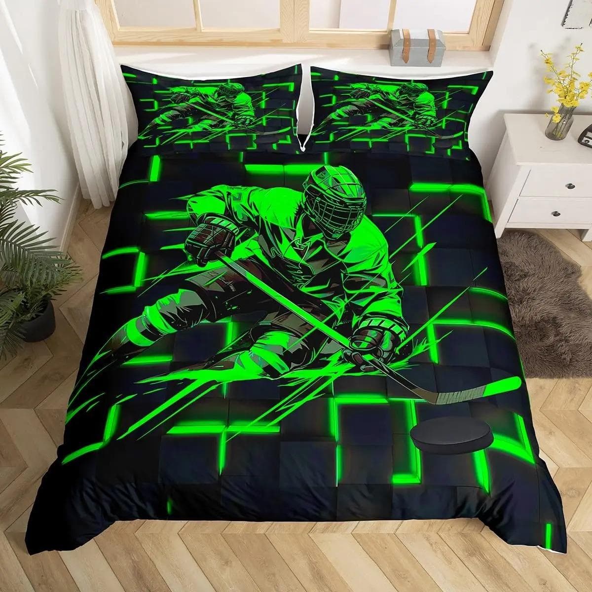 Ice Hockey Duvet Cover Helmet Skates Comforter Cover Winter Ice Sports Games Bedding Set for Boys Puck Hockey Player Quilt Cover US Twin 172x218cm