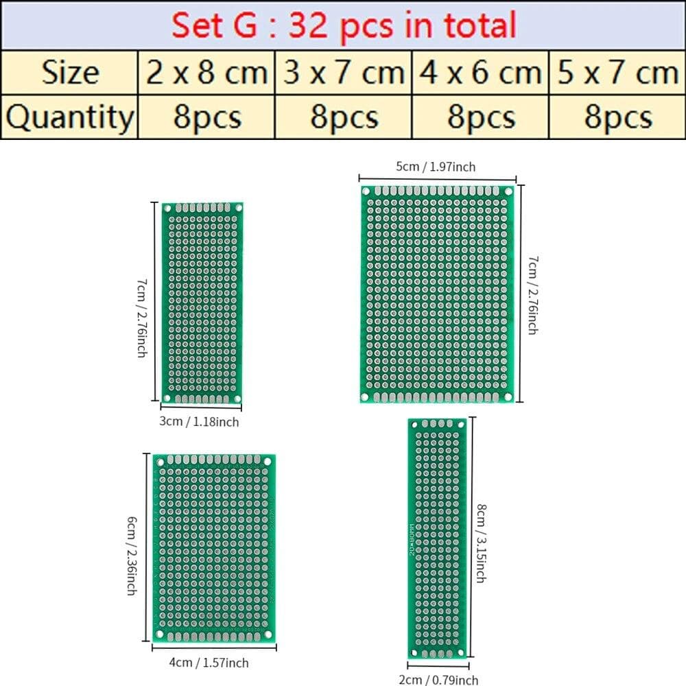 4-40pcs Universal PCB Circuit Protoboard Double Sided Breadboard 2x8 3x7 4x6 5x7 7x9CM Stripboard Prototyping Board DIY Electronic Kit Set G 32 pcs