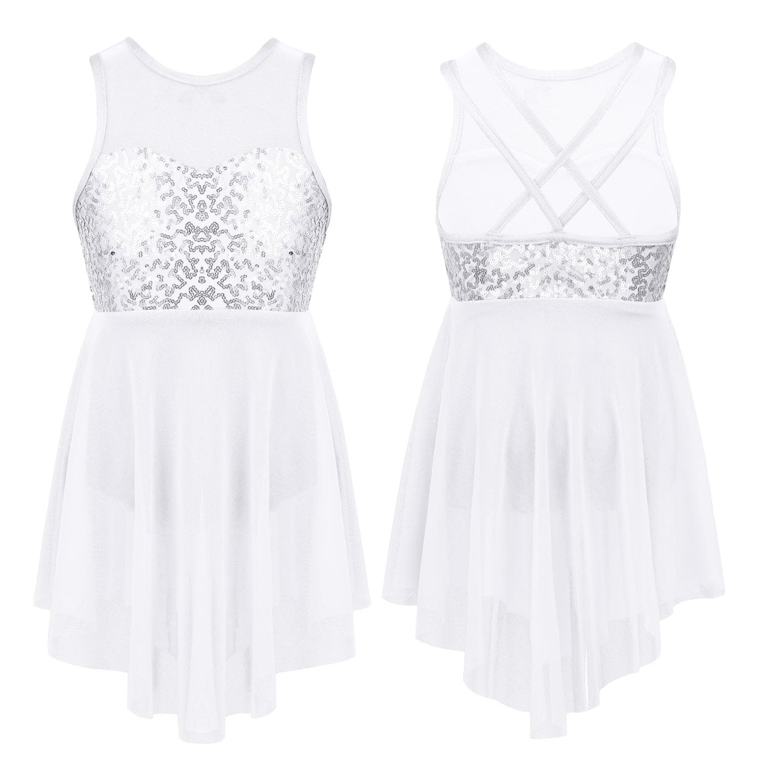 Kids Girls Sequins Ballet Latin Lyrical Leotard Dress Modern Dance wear Shiny Dancing Costume Irregular Skirt 14-16 Years white